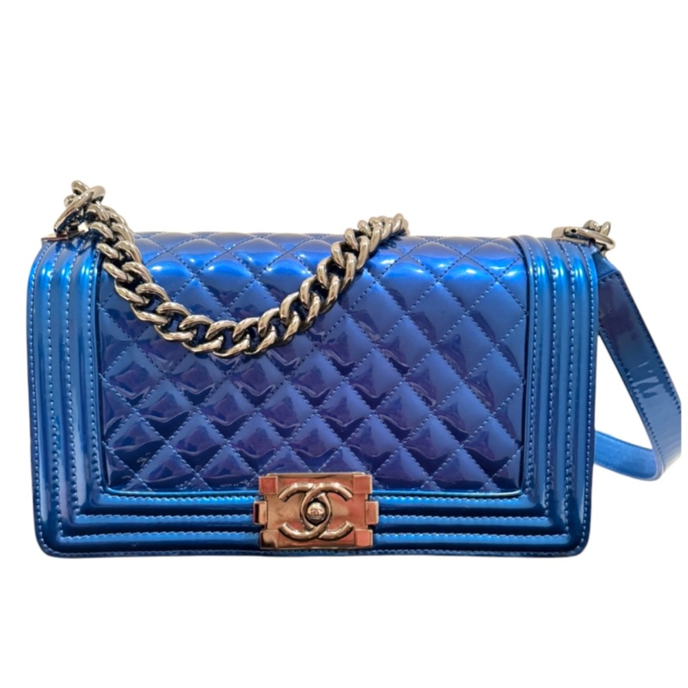 CHANEL Metallic Royal Blue Quilted Medium Boy Flap Bag Handbag